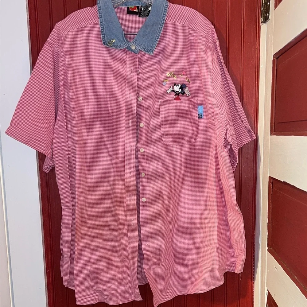Disney Vintage 90’s Red Checkered Shirt with Denim Collar Mickey Unlimited 26W
